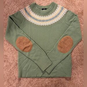 J. Crew Green Wool Sweater with Tan Elbow Patches
